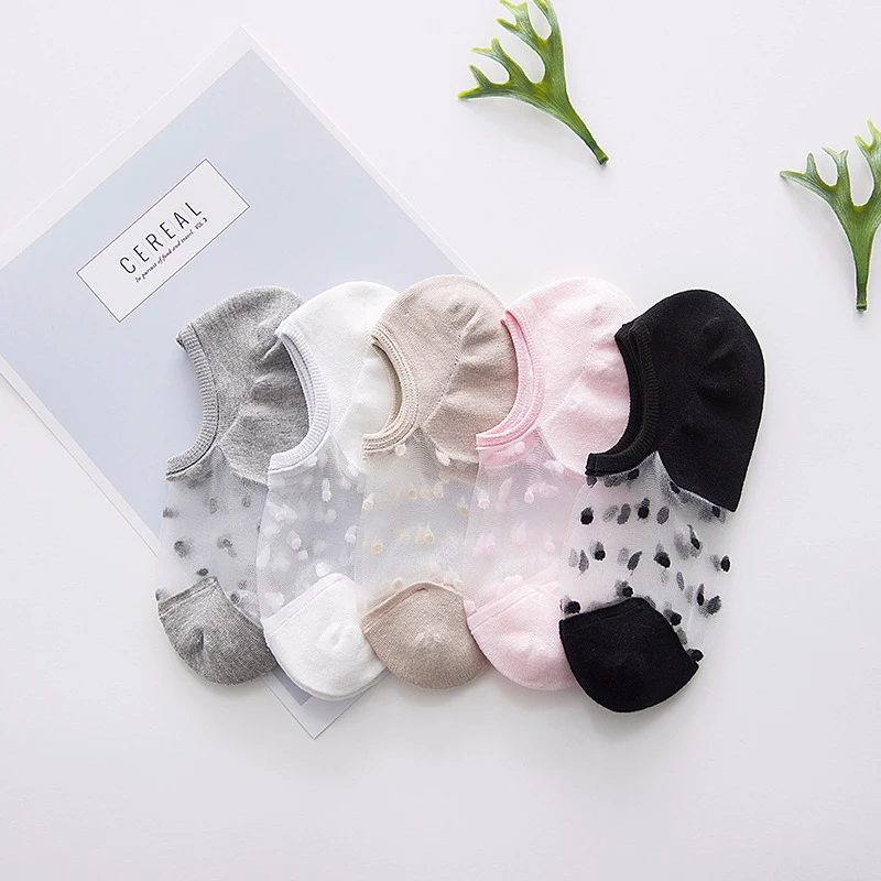 

Skritts 3pair Summer Invisible Socks for Women Slipper No Show Socks Non-slip with Print Polka Dot Crystal Silk Transparent Sock