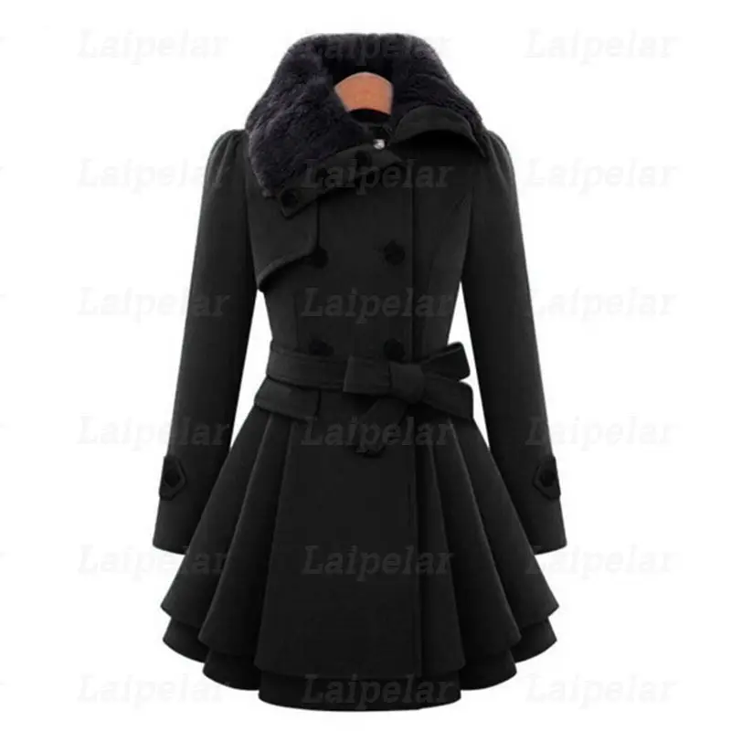 Зимнее шерстяное пальто для женщин модное повседневное двубортное плотное пальто с меховым воротником пальто с поясом элегантное платье