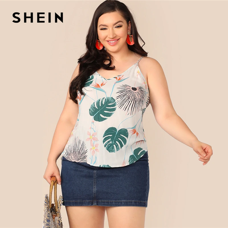 

SHEIN Plus Size Multicolor Tropical Floral Print Cami Tops 2019 Women Summer Boho V neck Spaghetti Strap Rayon Vest Cami Top