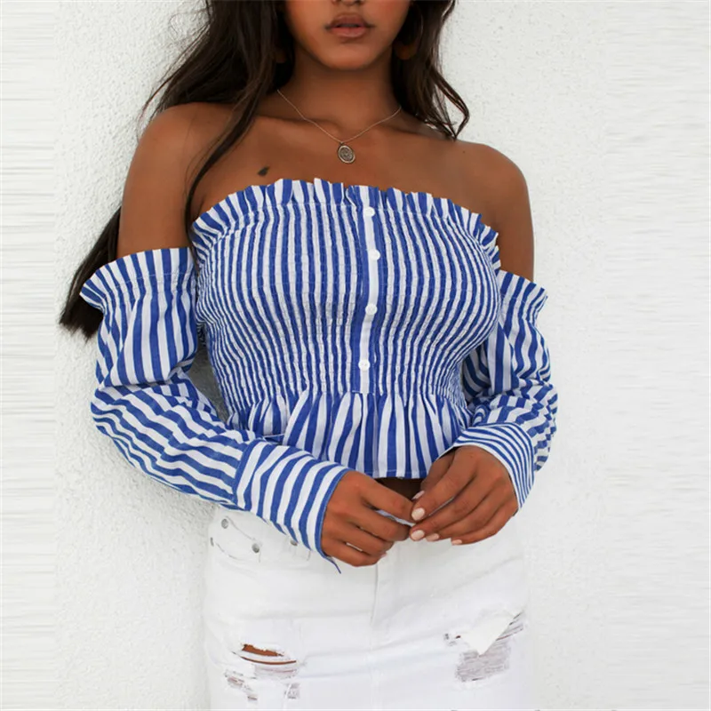 

Sexy Womens Off-shoulder Tops Blouse Summer Autumn Ladies Striped Long Sleeve Frill Bandeau Casual Shirt Fashion Loose Crop Tops