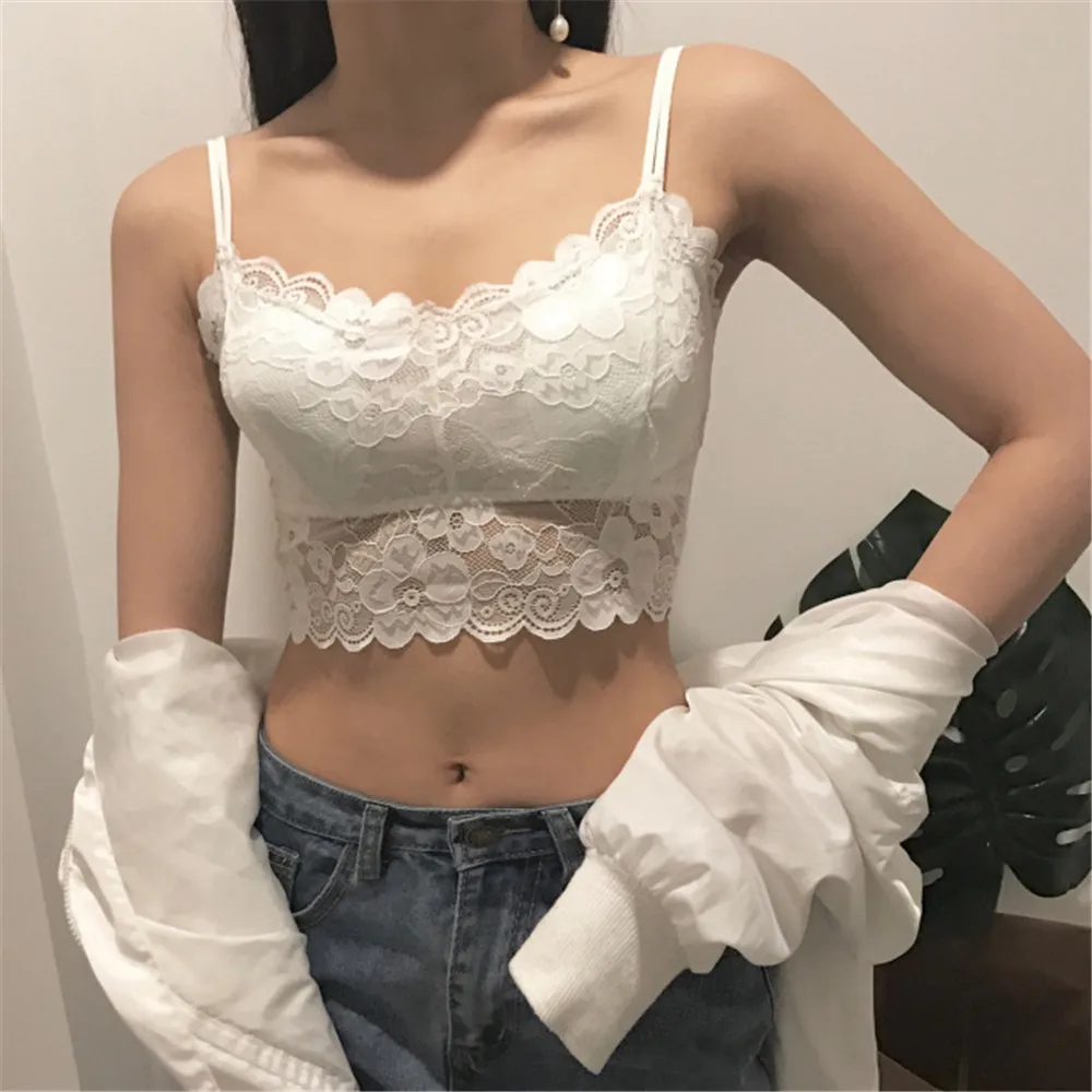 

Sexy Lace Bra Vest Chest Padded Women Black Tank Tops Fitness Underwear Ladies Lace Bralette Crop Top Intimates Padded Bras