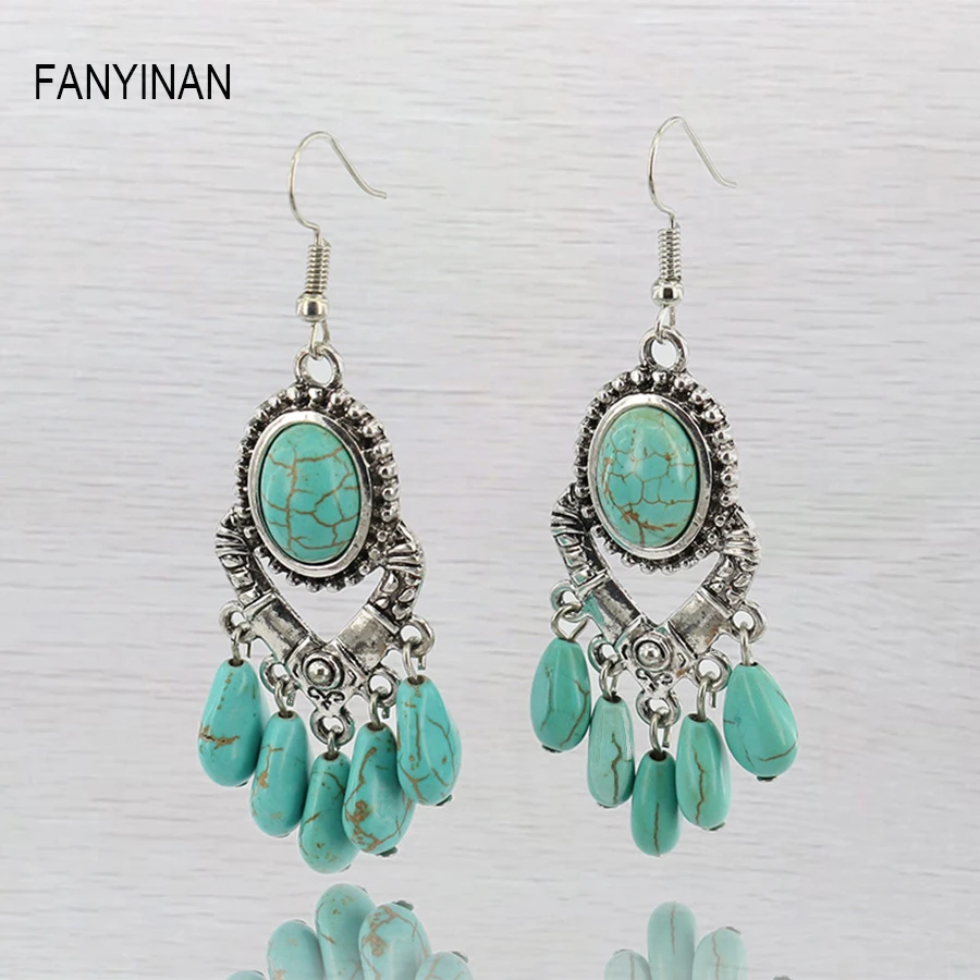 

JIANXI Vintage Tassel Earrings artificial stone Dangle Drop nTurquoise Earrings For Women Bohemian statement Earri