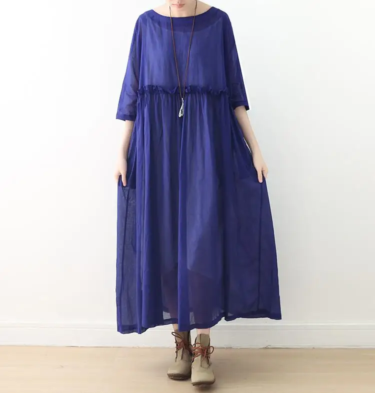 Johnature/Повседневная Женская одежда трапециевидной формы; летнее платье; однотонное платье до середины икры с рукавом средней длины и круглым вырезом; простое Плиссированное женское платье из хлопка - Цвет: Синий
