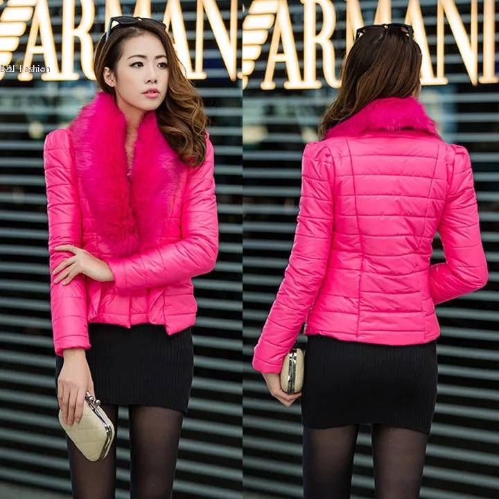 Women s Winter Thicken Warm Fur Collar Button jacket Short Cotton padded Outwear