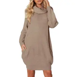 Женская трикотажная водолазка с длинным рукавом Свободный Карманный свитер пуловер мини-платье Вязание облегающее платье тонкие платья