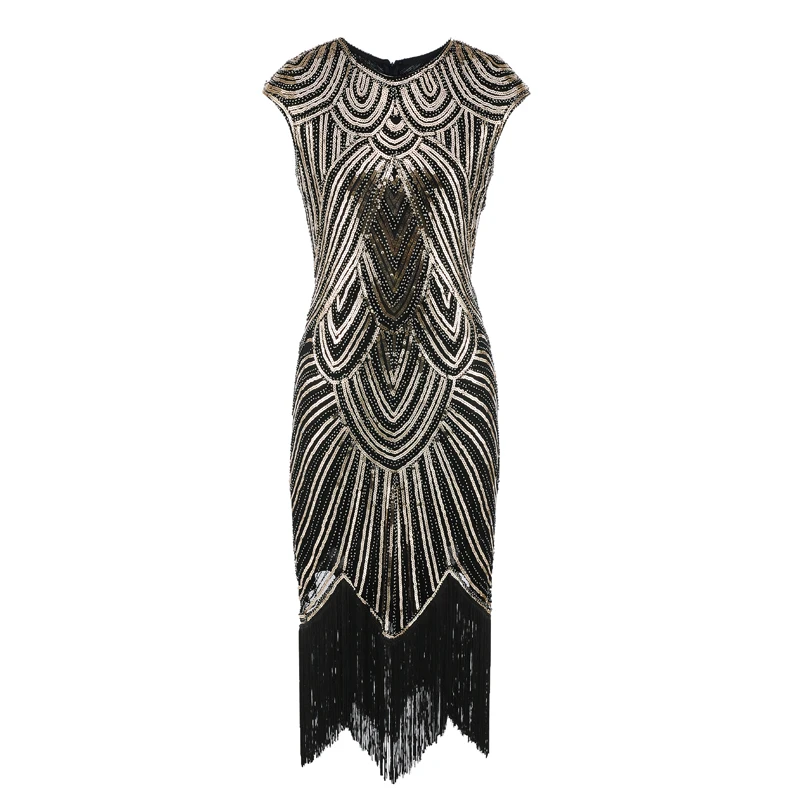 K468 Black Deluxe Ladies 1920s Roaring Flapper Costume Sequin Gatsby Fancy Dress 