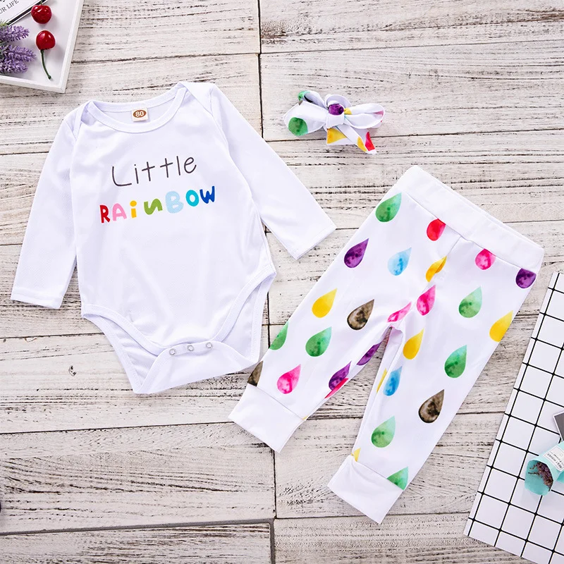 

2018 Rainbow Baby Girl Outfit Set Long Sleeve White Top + Long Pants + Baby Headband 3 Piece Newborn Baby Girl Fall Clothes