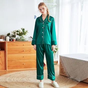 

2020 New Women Sleepwear Babydoll Solid Lingerie Home Clothing Elegant Long Sleeve Faux Silk 2PCS Pajamas Suit Nightwear M-XL