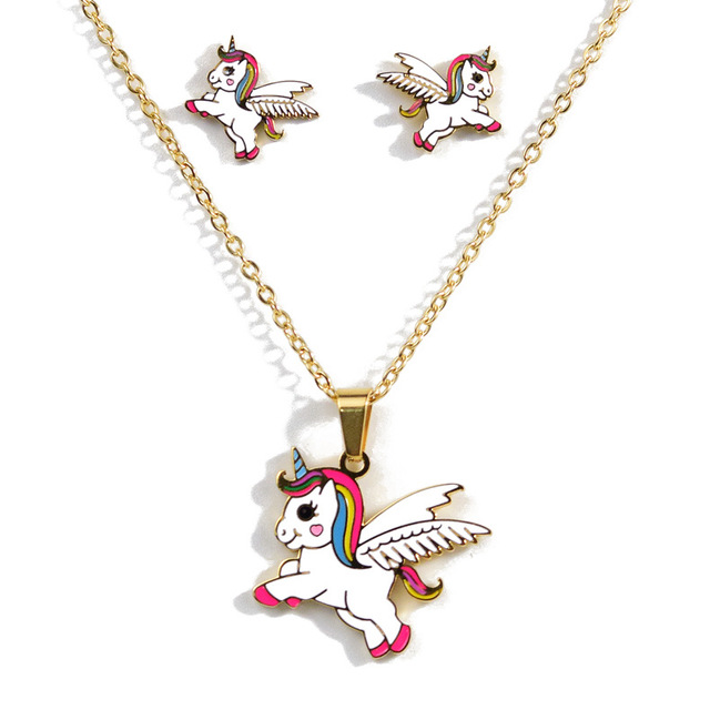 Cute Pink Horse Unicorn Design Enamel Stainless Steel Gold Color Necklaces earring Set Fashion Jewelry Kids Gift
