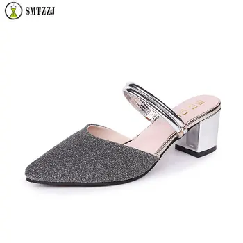 

SMTZZJ Square sandals Slipper high-heeled shallow mouth pointed pumps shoes women Female sexy high heels Silver Gold Lady mujer