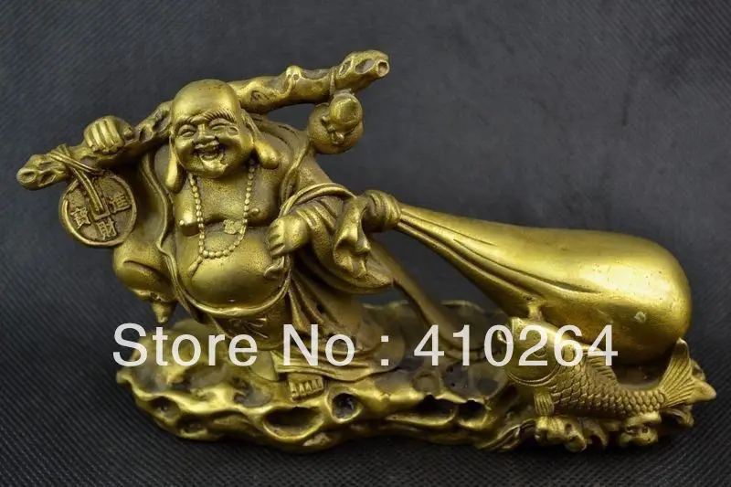 

] Shipping Old Handwork Copper Carving Buddha Carry Sack Of Gold Coin Big Statue
