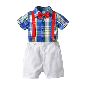 

2PC summer Cotton and linen Toddler Infant Baby Boy Gentleman blue plaid T-shirt Tops Shorts Bow Outfits Set 5.25
