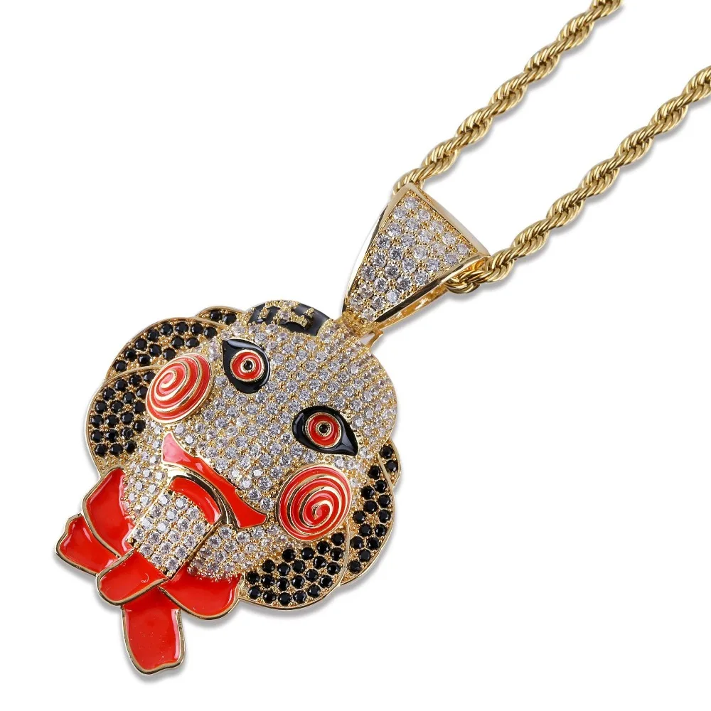

High Quality 69 Saw Clown Pendant Zircon Hip Hop Bling Rope Chain Rhinestones 60cm Horror Movie Theme Necklace
