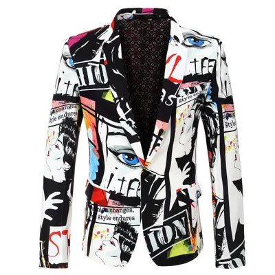 New Tide Mens Fashion Print Blazer Design Plus Size Hip Hot Casual Male Slim Fit Suit Jacket Singer Costume - Цвет: Белый