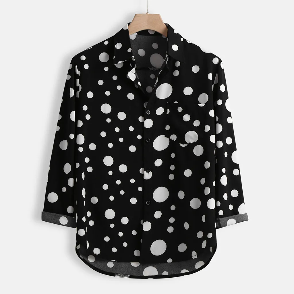 

Men Shirts Long Sleeve Regular Loose Retro Long-sleeved Polka Dot Printed Button Turn-Down Collar White Dot Shirts Tops