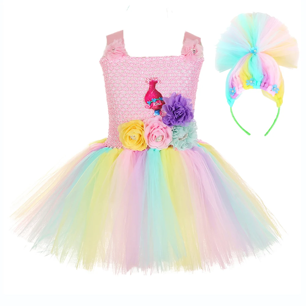 

Pink Top Princess Poppy Troll Pattern Tutu Dress for Halloween Costumes for Teens Knee Length Flower Birthday Party Dress Outfit