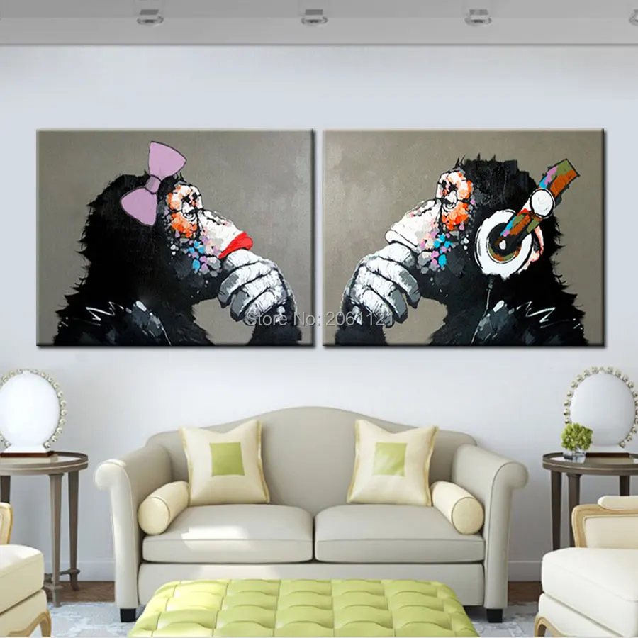 1459 Peint à La Main Drôle Couple Singe Gorilla Orang Peinture Cadeau Spécial Pour Parents Amoureux Toile Peinture à Lhuile Gris Animal Mur Art In