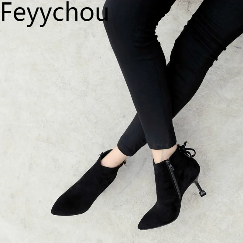 

Women Boots Autumn Winter High Heel Warm Flock Pointed Toe Butterfly-knot Zipper Ankle Chelsea Shoes 2018 Sexy New Fashion Pink