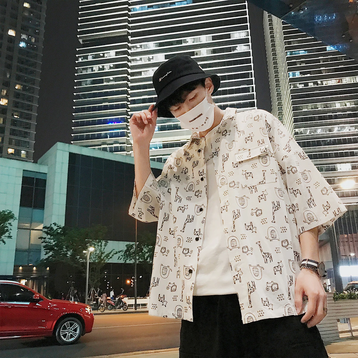 2018 Summer New Youth Popular Campus Wind Five Sleeve Body Cartoon Animal Print Loose Short-sleeved Shirt Leisure | Мужская одежда