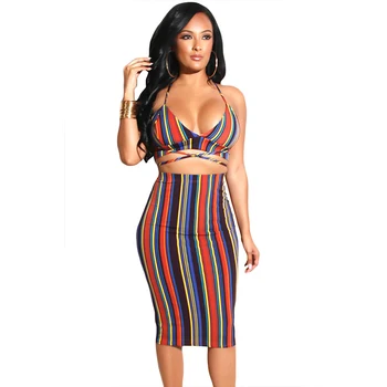 

Sexy Dress Club Wear Rainbow Striped Plunge Halter Bodycon Dresses 2018 Vestido Bandage Women Deep V-neck Dress