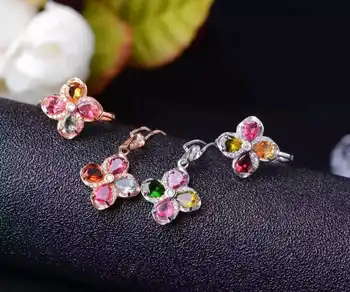 Natural Multicolor tourmaline jewelry sets natural gemstone ring Pendant 925 silver Stylish Elegant Clover women party jewelry - Category 🛒 Jewelry & Accessories