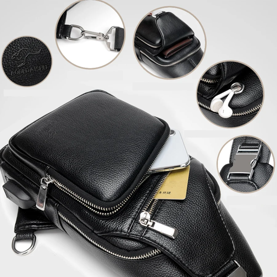 2021 Jackkevin Fashion Mens Shoulder Bag Burglarproof Black Leather Mens Chest Bag USB Charging Crossbody Bags Travel Bag