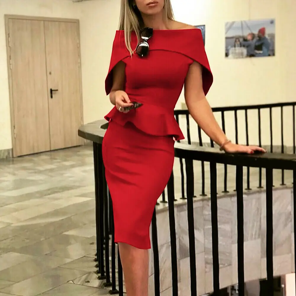 

Women Elegant Summer Off Shoulder Ruffle Midi Dress Formal Work Office OL Ladies Bodycon Slim Pencil Dress