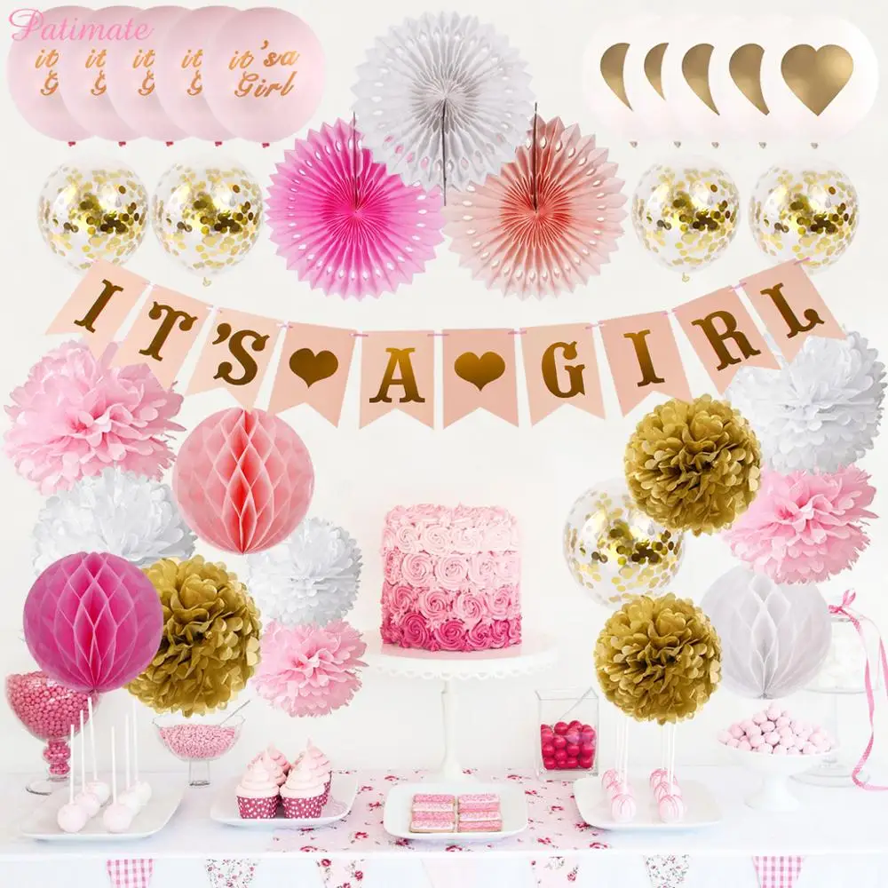 

PATIMATE Gender Reveal Party Decoration It's A Girl Combination Baby Shower for Girl Party Decor Pink Gold Paper Flower Supplies