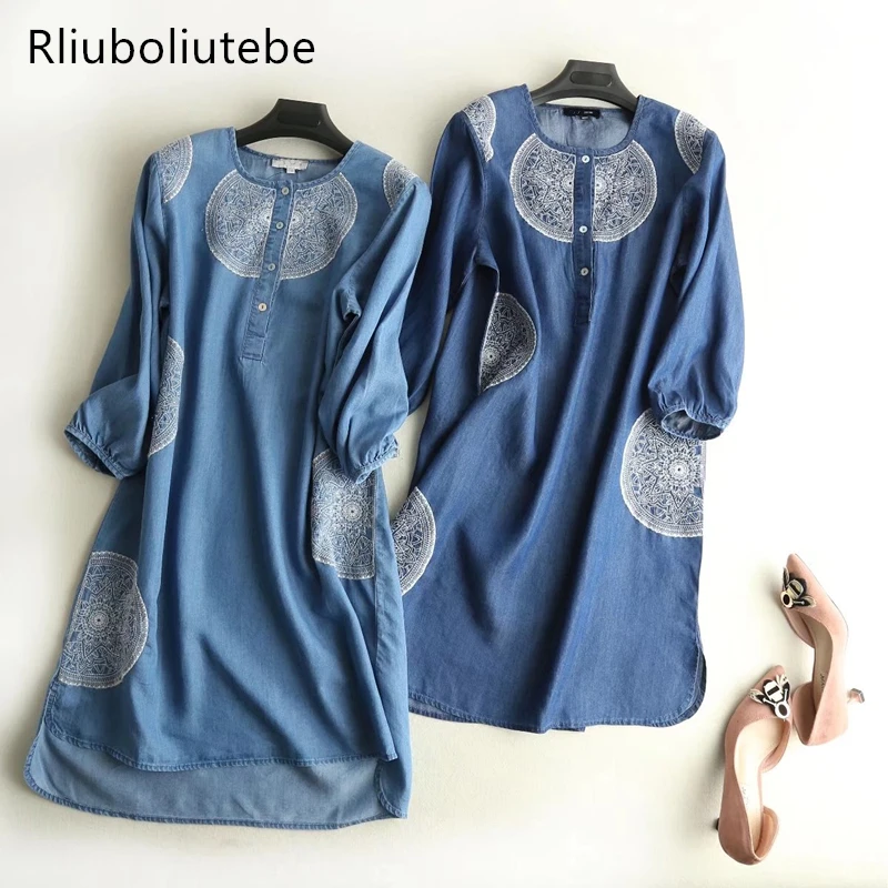 Embroidered Women Jeans  Dress  Loose Blue Light  Blue Button 