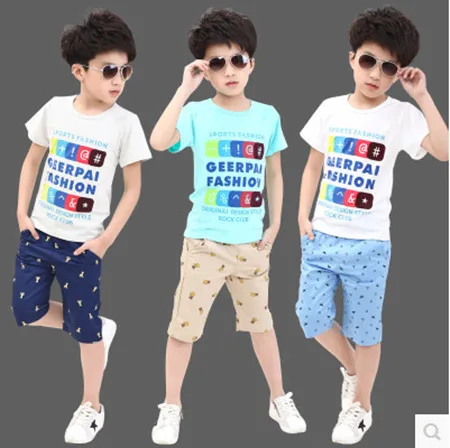 

Kids boys short-sleeved suit 2017 new summer children's cotton casual T-shirt +shorts big boy two piece boys clothes 3-15 years