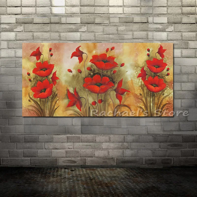 

Hand Painted Red Poppy Canvas Acrylic Oil Painting Modern Flower Wall Picture for Bar Hotel Lavatory Coffee Home decor No Frame