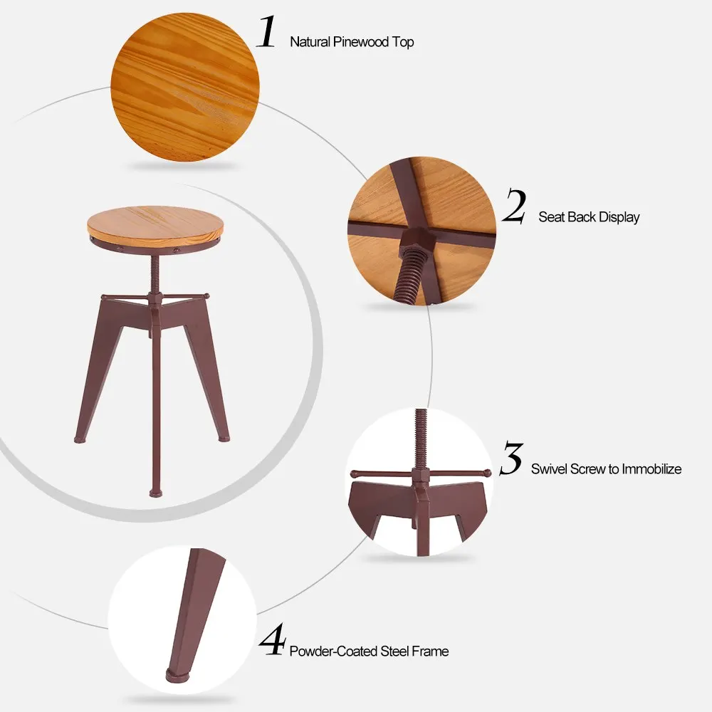 Ikayaa Металлический регулируемый по высоте поворотный промышленный стильный барный стул сосновой древесины топ кухня обеденный стул барный стул
