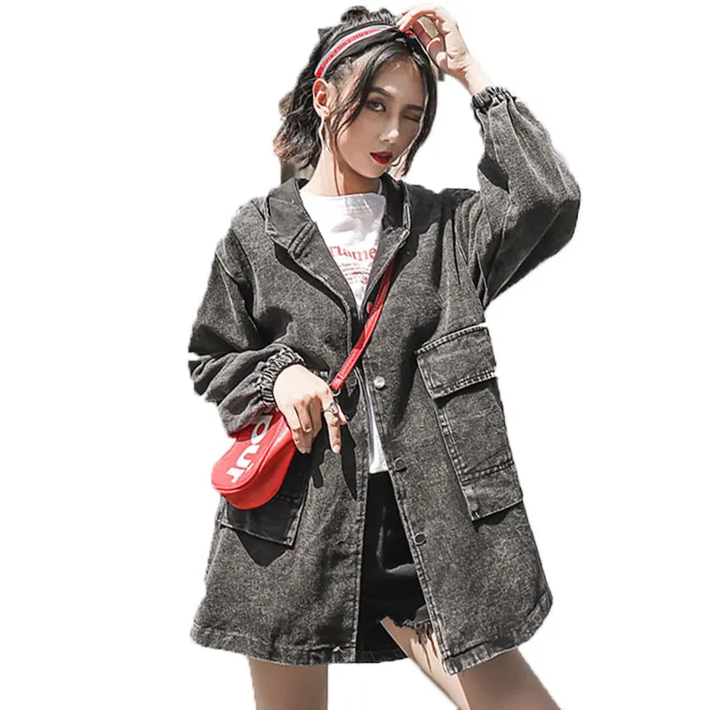 

2019 Denim Jacket Female Spring Autumn Harajuku Student Wild Loose Long Hooded Printing Women Coat Korean Big Size Women Jacket