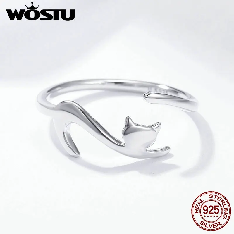 

WOSTU Genuine 925 Sterling Silver Original Design Cute Cat Open Female Finger Rings Bague Animal Fine Jewelry Gift BKR220