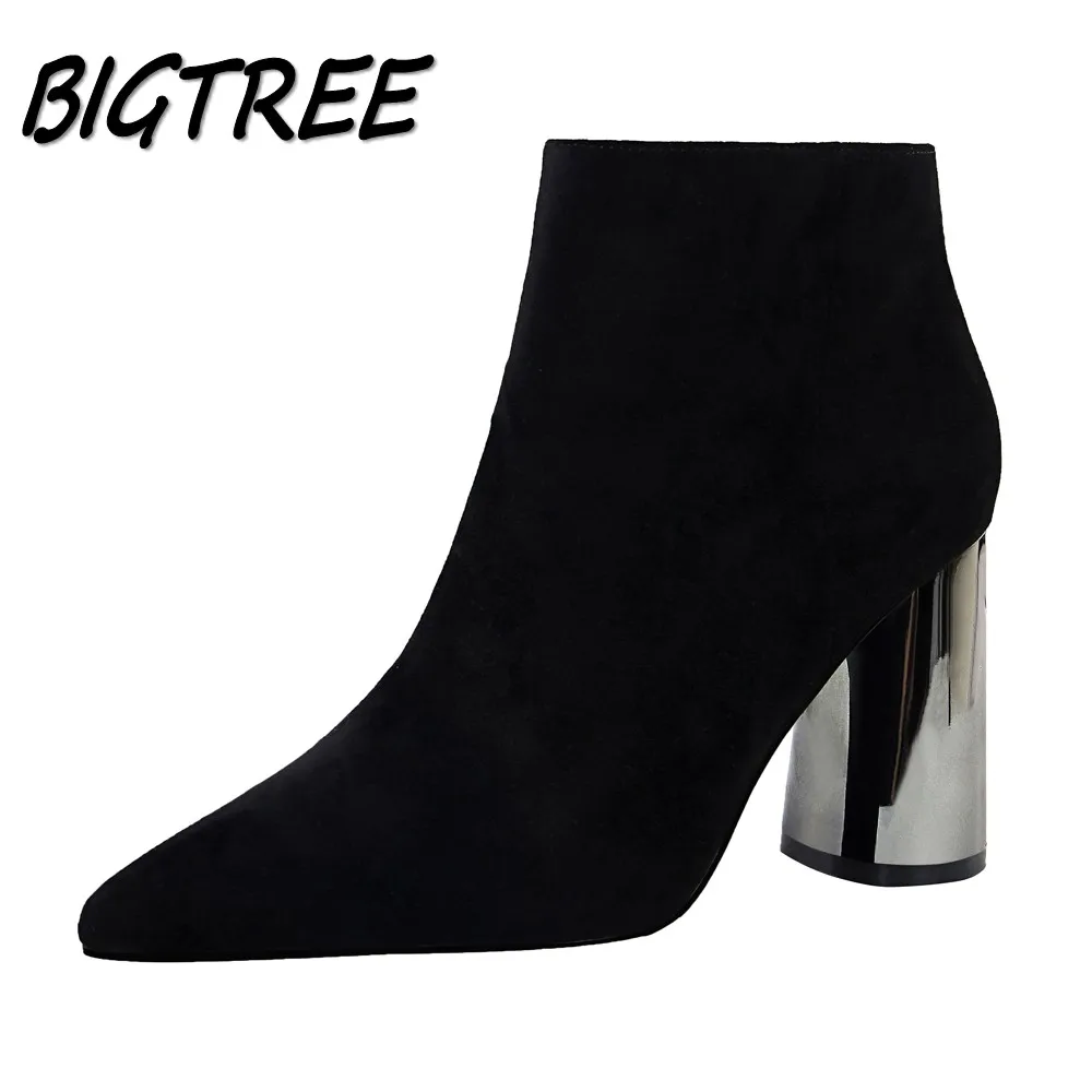 

BIGTREE Winter Women Ankle Boots Shoes Woman Pumps Female Party Wedding Fashion Metal Thick High heels Zipper Short Boots 34-40