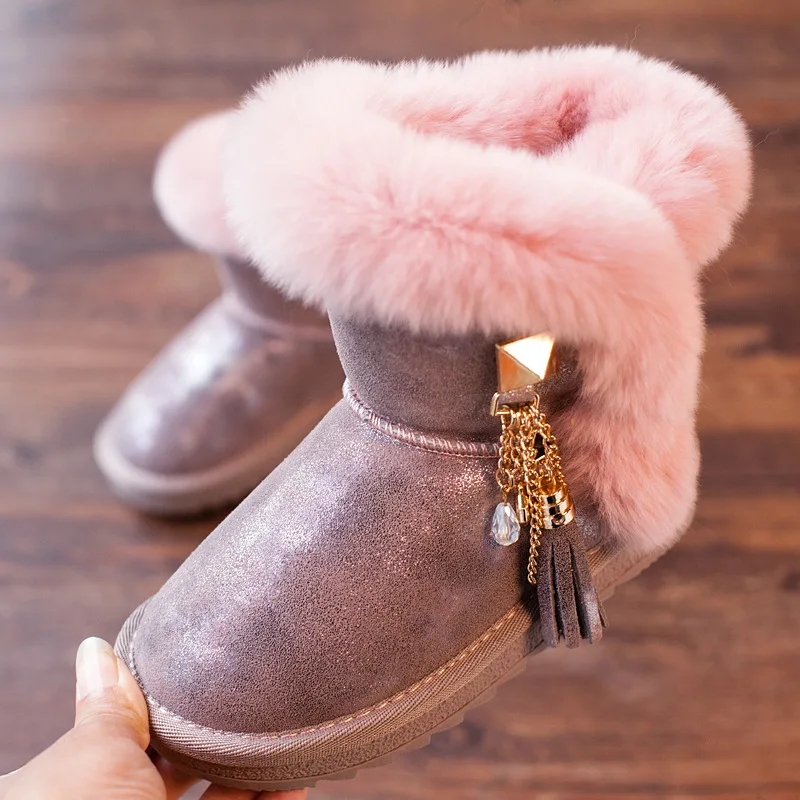 ULKNN/Новинка; зимние сапоги для девочек; кожаные детские сапоги принцессы с кроличьим мехом; бархатные хлопковые сапоги; обувь с кисточками