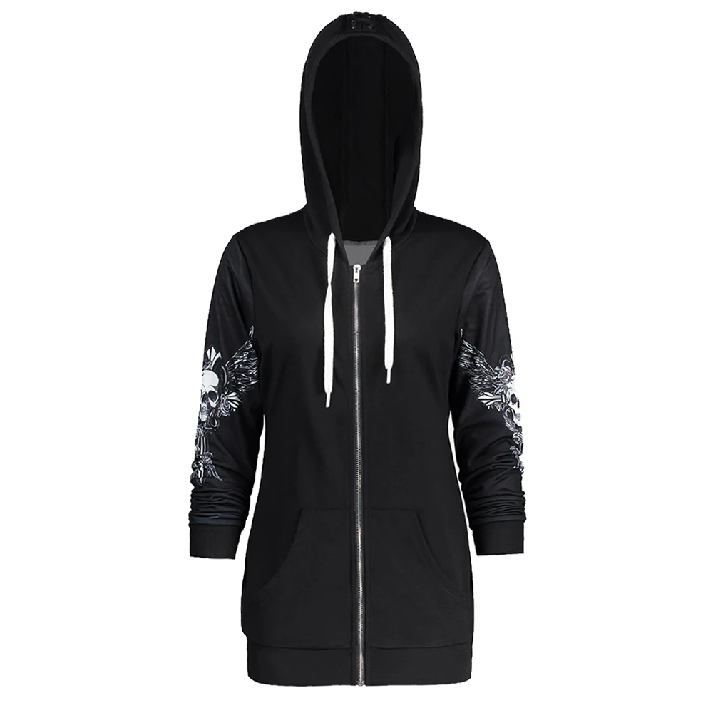 Gamiss Angel Wing Skull Print Zip Up Hoodie Femme Punk Style Cool