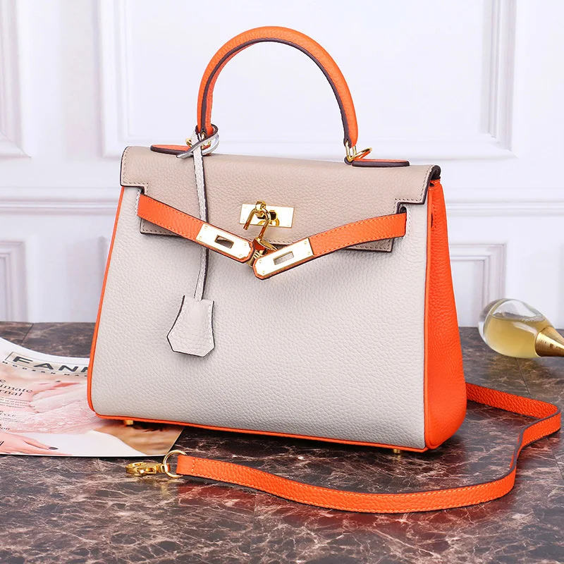 

New Color Matching Litchi Pattern Bag with First-layer Kraft Leather Bag and Bag with Collision Color Explosive Handbag