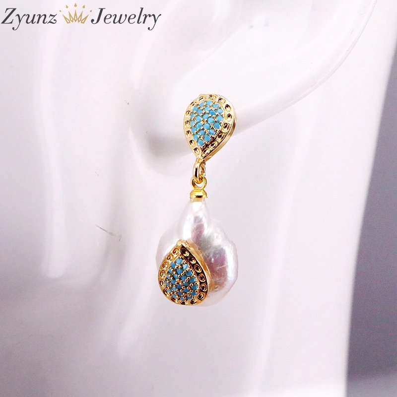 5Pairs, Fashion Earrings CZ Micro Pave Nature Pearl Gold Color Drop Dangle Earring