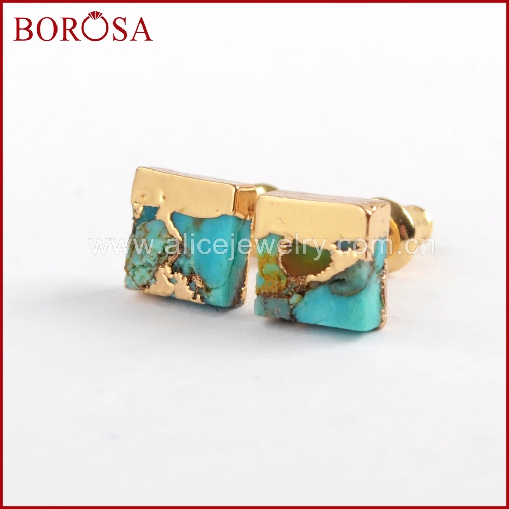 Женские квадратные серьги гвоздики BOROSA винтажные медные из натуральной бирюза