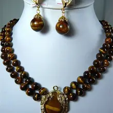 AAA роскошный 2 ряда 8 мм натуральный камень тигровый глаз ожерелье кулон клипсы драгоценный камень ювелирный подарок Серебряный кварцевый камень кристалл для женщин