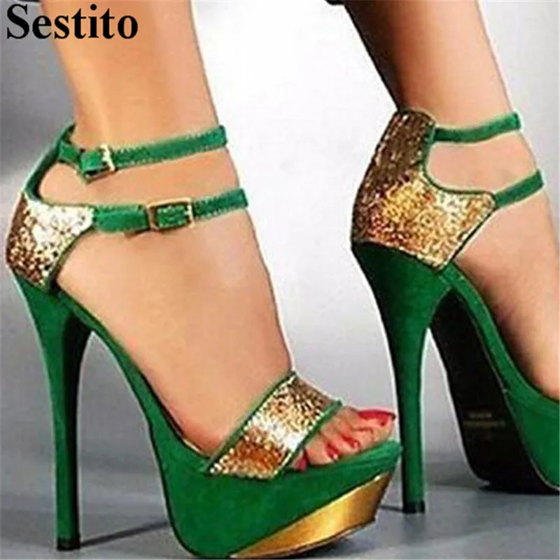 

Fashion Mixed Colors Gold Peep Toe Casual Sandals Super High Thin Heels Platform Women Sandals Buckle Strap Summer Women's Shoes