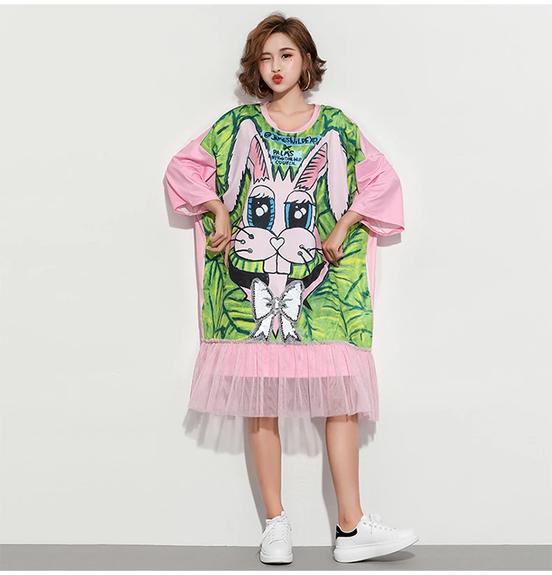 

Big Size Casual Loose T-Shirt Dress Cartoon Print Sequins Pullovers Dress Women High Street Mesh Spliced Dresses