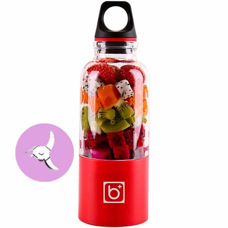 Портативный Блендер с 4 лезвиями, Электрический блендер, заряжаемый от USB, 500 мл, соковыжималка для фруктов, смузи, чашка, бутылка и крышка