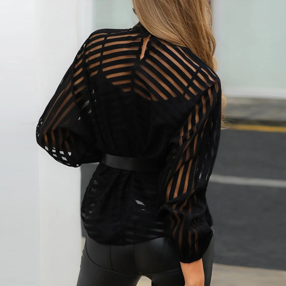 Sexy Women Mesh Sheer Shirts Long Lantern Sleeve See-through Loose Blouse Shirts Office Ladies Beach Lace Turtleneck Clothing