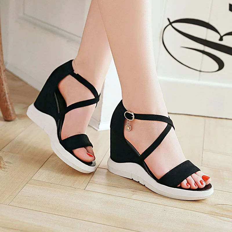 

Japanese sweet style comfortable summer sandals fashion belt buckle platform black beige red high heel wedge women shoes