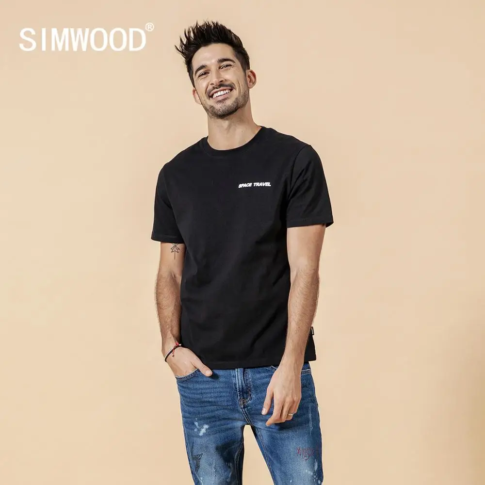 

SIMWOOD 2019 Summer New T-Shirt Men 100% Cotton Letter t shirt plus size high quality tops causal tshirt 190136