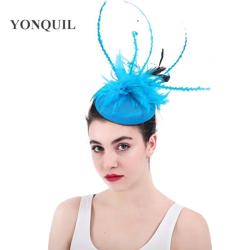 

New color Sea blue Fascinator chapeau Hats Hair Clip Girl feather Millinery cap for dinner Party married Hair Accessories SYF308