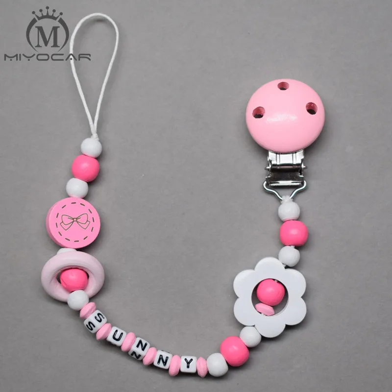 

MIYOCAR personalized any name pink flower wooden beads dummy clip holder pacifier clips holder/Teethers clip for baby