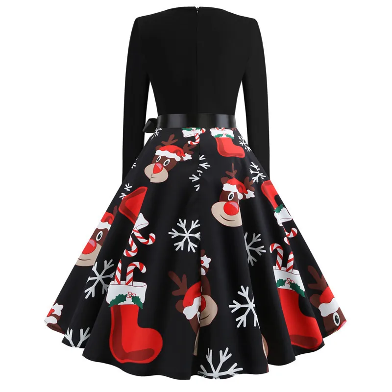 Зимние рождественские платья для женщин 50S 60S винтажный халат качели Pinup элегантное вечернее платье с длинным рукавом свободного покроя размера плюс с принтом черного цвета